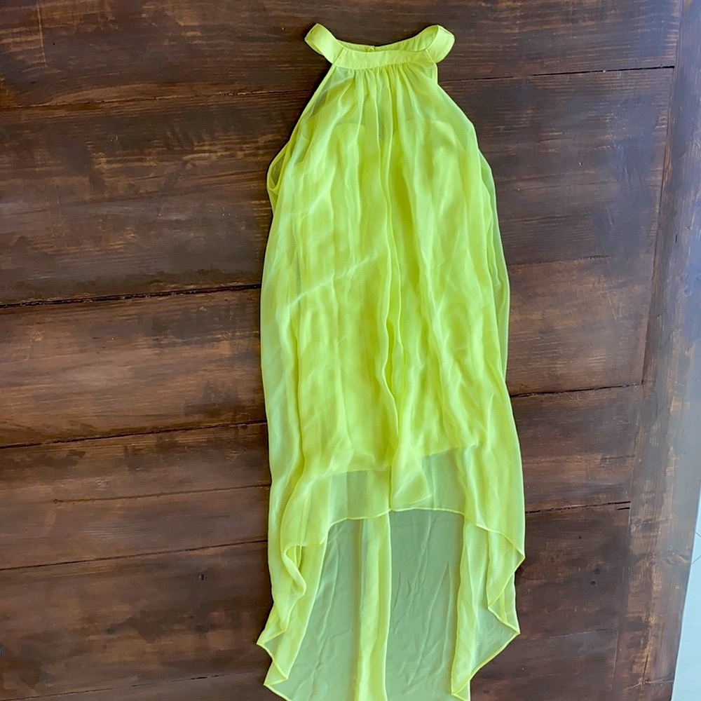 BEBE Neon Yellow Mini Dress with Sheer Overlay